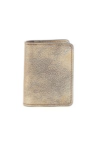 Portafoglio in pelle con texture dorata, di forma rettangolare, caratterizzato da un design pulito, cuciture visibili e un motivo superficiale impresso.