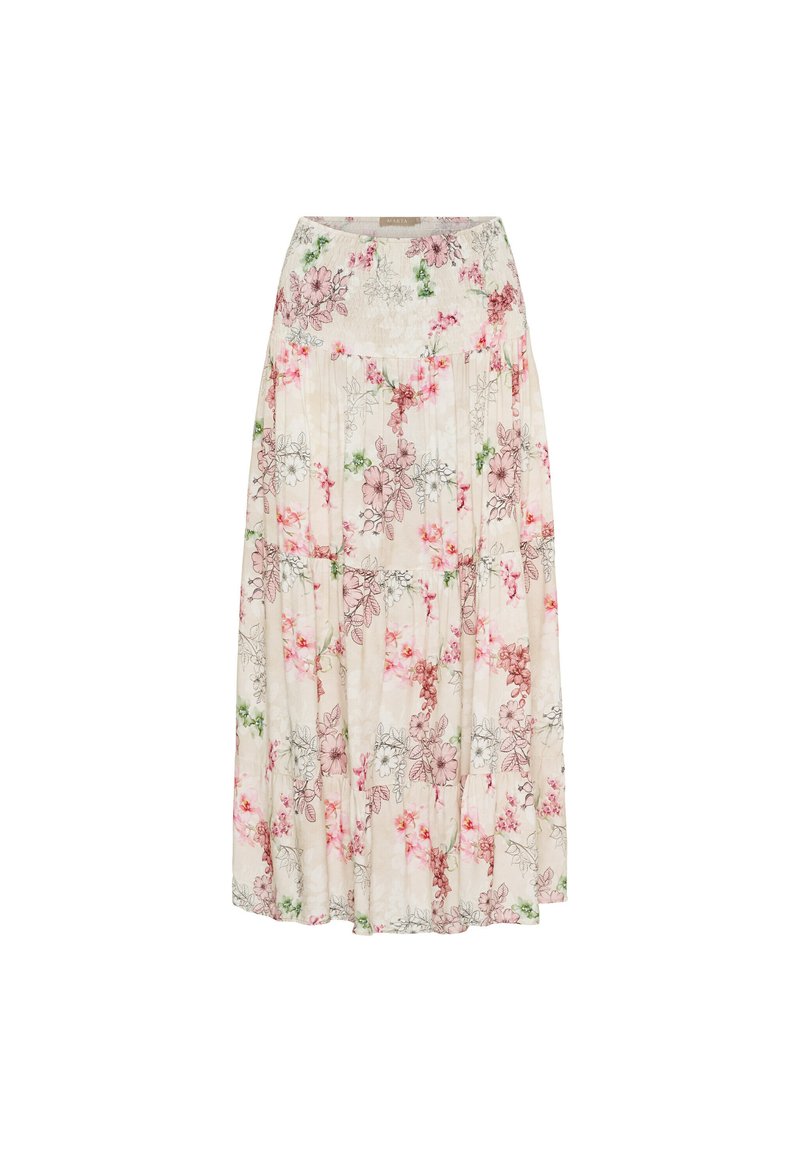 Blomstret mellem-langt nederdel i creme, prydet med pink og grønne blomsterprint, plisseringer og en tætsiddende talje for en svævende silhuet.