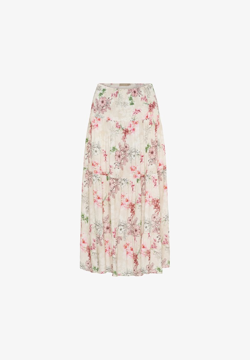Blomstret mellem-langt nederdel i creme, prydet med pink og grønne blomsterprint, plisseringer og en tætsiddende talje for en svævende silhuet.