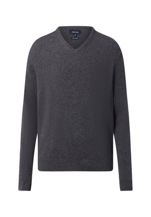 Węgielnoszary sweter z długim rękawem i dekoltem w serek, z prążkowanymi mankietami i dołem, wykonany z lekkiego materiału.