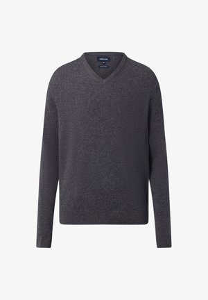 Pull-over à col en V gris charbon à manches longues avec poignets et ourlet côtelés, fabriqué en tissu léger.