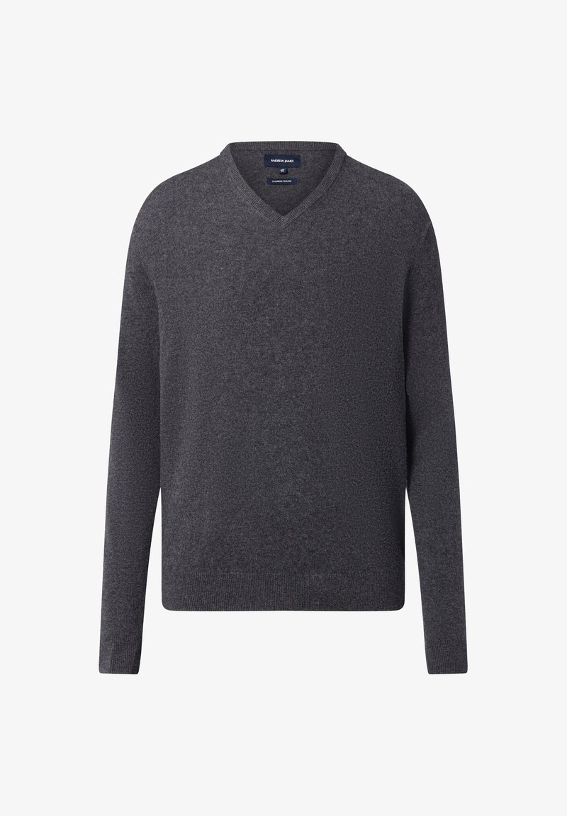 Pull-over à col en V gris charbon à manches longues avec poignets et ourlet côtelés, fabriqué en tissu léger.