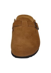 Brown suede clog with two adjustable straps and a textured surface. Black rubber sole and slight arch support noted in design.