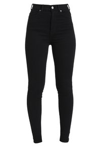 Jeans skinny neri a vita alta realizzati in denim elasticizzato, dotati di chiusura frontale con bottoni, design a cinque tasche e silhuette slim-fit.