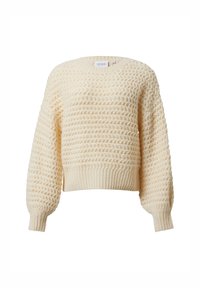 Sweter z dzianiny w kolorze kremowym, z teksturowanym wzorem, okrągłym dekoltem i ściągaczami na rękawach. Krótki, luźny krój z bufiastymi rękawami.
