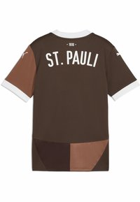 Brūns sporta krekls ar "ST. PAULI" baltā krāsā uz muguras, ar baltu apkakli un krāsu bloku sekcijām tumšā un gaišā brūnā krāsā.