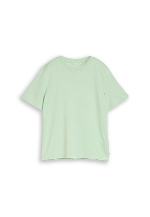 Tricou scurt cu mâneci verzi deschis din bumbac, cu guler rotund, așezat plat pe fundal alb, prezentând vederea frontală.