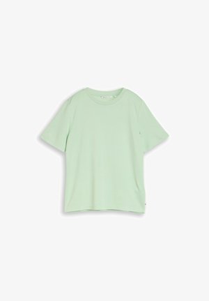 Tricou scurt cu mâneci verzi deschis din bumbac, cu guler rotund, așezat plat pe fundal alb, prezentând vederea frontală.