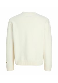Cream-colored knit sweater with ribbed collar, cuffs, and hem, shown from the back.