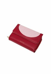 Red and pink wallet with a textured flap, gold zipper, and embossed VUCH logo. Features a smooth finish and a curved design.