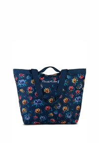 Marineblauwe draagtas met bloemenpatroon in rood, oranje, blauw en groen. Twee stevige handvatten en het logo "Frida Kahlo" geborduurd op de voorkant.