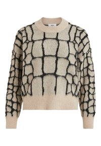 Maglione beige lavorato a maglia con motivo geometrico nero, scollo rotondo e polsini a costine. Tessuto morbido con una vestibilità ampia e cuciture in evidenza.
