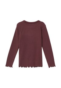 Rippstrick-Oberteil mit langen Ärmeln in einem tiefen Bordeauxrot, mit einem gewellten Ausschnitt und Saum, in figurbetontem Schnitt und weichem Material.