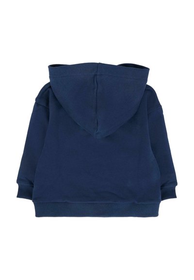 Felpa con cappuccio color blu navy, maniche lunghe, polsini e orlo a coste, mostrata dal retro su uno sfondo bianco.