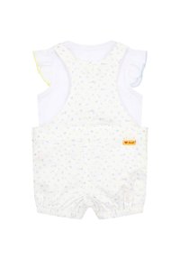 Romper giallo chiaro con motivo floreale, top bianco e maniche a volant. Presenta una vita elasticizzata e un'etichetta con il logo Steiff sul lato.