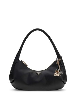 Sac d'épaule noir texturé avec une forme arrondie, fermeture éclair dorée, logo triangulaire et porte-clés doré attaché sur un côté.