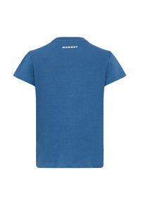 Blauw T-shirt met korte mouwen, gemaakt van katoen, met een ronde hals en het "Mammut"-logo in het wit gedrukt op de achterkant nabij de hals.