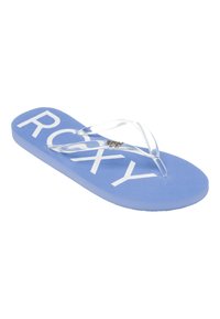Tongs en caoutchouc bleu avec des bretelles transparentes et du texte blanc "ROXY". La semelle texturée présente un motif en diamant pour plus d'adhérence. Accent en métal argenté sur la bretelle.