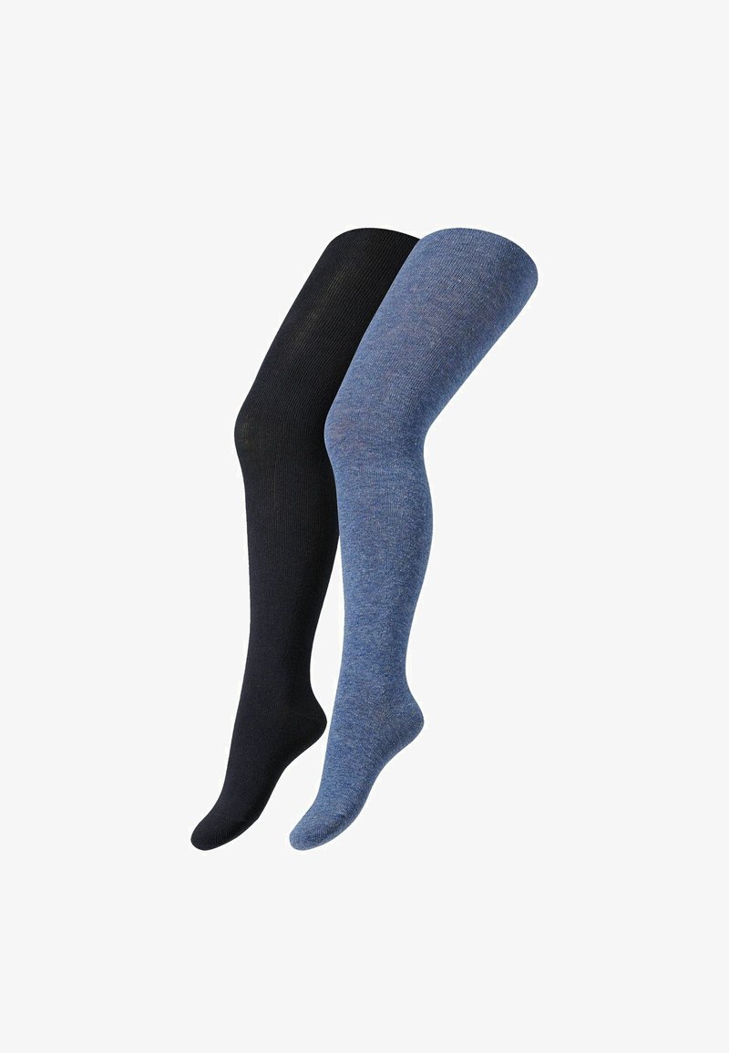 Zwei Paar lange Socken: ein schwarzes geripptes und ein blaues meliertes Paar, mit glatter Textur und verstärkten Zehen.