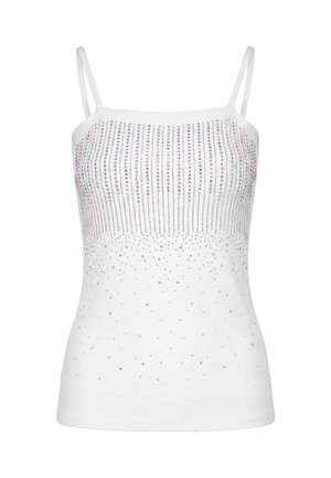 White sleeveless top with thin straps, decorated with vertical rows of small silver studs and scattered studs below the chest area.