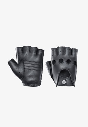 Schwarze Lederhandschuhe ohne Finger mit strukturiertem Finish, drei horizontalen genähten Linien auf der Rückseite und runden Ausschnitten um das Handgelenk.