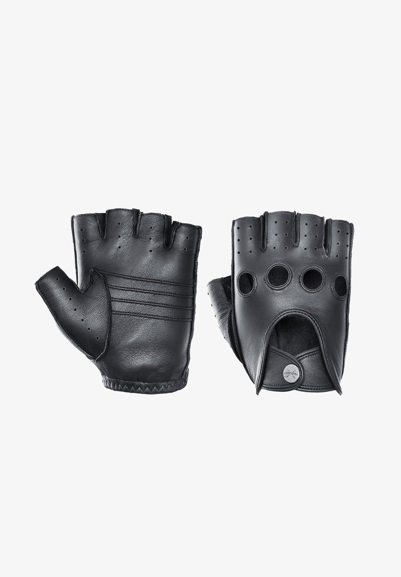 Černé kožené rukavice bez prstů s texturovaným povrchem, třemi vodorovnými prošívanými liniemi na hřbetu ruky a kruhovými výřezy kolem zápěstí.