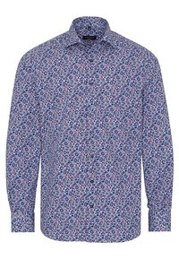 Blå knappskjorta med intrikata blommönster och paisleymönster i röd och vitt, tillverkad av glattyg med klassisk krage och långa ärmar.