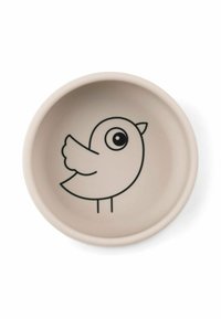 Plato redondo de color beige pálido con un dibujo en línea negra de un pájaro con un cuerpo redondeado, gran ojo y ala. Textura suave. Sin detalles adicionales.