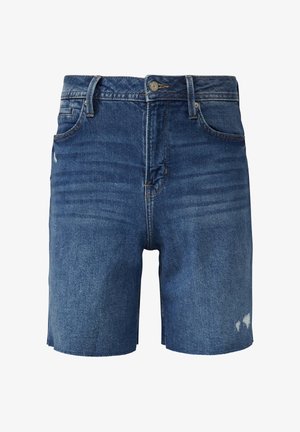 Short en denim bleu avec poches avant, passants pour ceinture, fermeture par bouton, légère usure et bords d’ourlet bruts.