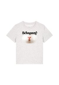 Helles graues Baumwoll-T-Shirt mit einem Grafikdruck einer Hasenschnauze und schwarzem "Schnauze"-Text darüber. Kurze Ärmel und runder Halsausschnitt.