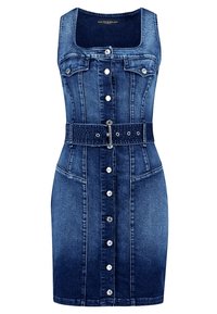 Denim-mekko, jossa on neliökaula-aukko, istuva malli ja vyöllinen vyötärö. Varustettu nappisulkimella ja kahdella etutaskulla. Tumma sininen väri.