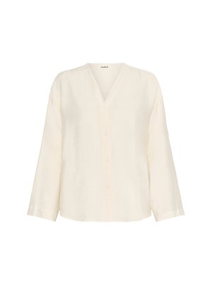 Krēmkrāsas lina krekls ar V veida kakla izgriezumu, garām piedurknēm un pogu aizdari priekšpusē. Mīksts, teksturēts audums. Vienkāršs dizains.
