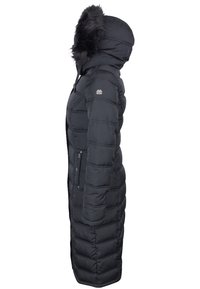 Sort, lang vatteret jakke med hætte med pelskant, quiltet design, sidelommer og lynlås. Blød, glat tekstur.