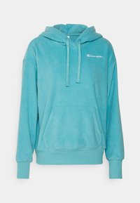 Hoodie de fleece turquesa com bolso frontal, capuz com cordão e logótipo bordado. Apresenta punhos e bainha canelados para um ajuste confortável.