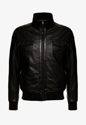 Veste en cuir noir avec un col montant, fermeture éclair à l'avant, deux poches poitrine et des poignets et une taille côtelés. Texture lisse sur l'ensemble.