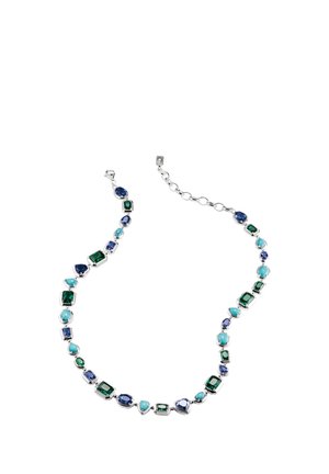 Silberne Halskette mit abwechselnden blauen, grünen und türkisfarbenen Edelsteinen in verschiedenen Formen mit Karabinerverschluss und verstellbaren Gliedern.