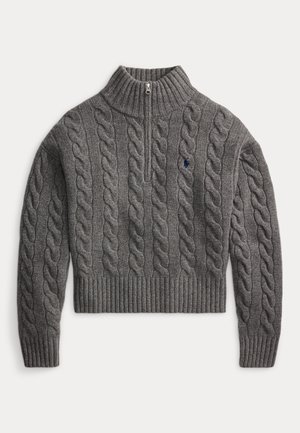 Grå kabelstrikket sweater med ribstrikket halvlange lynlåskrave, lange ærmer, ribstrikkede manchetter og kant samt en lille broderet logo på brystet.