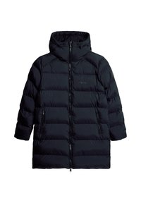 Puffjacka i svart nylon med hög krage, dragkedjestängning och två framfickor; kännetecknas av en kviltad design och lätt isolering.