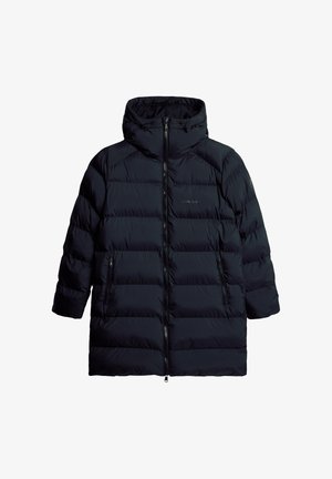 Kurtka puchowa w czarnym nylonie z wysokim kołnierzem, zapięciem na zamek i dwoma przednimi kieszeniami; charakteryzująca się pikowanym wzorem i lekką izolacją.