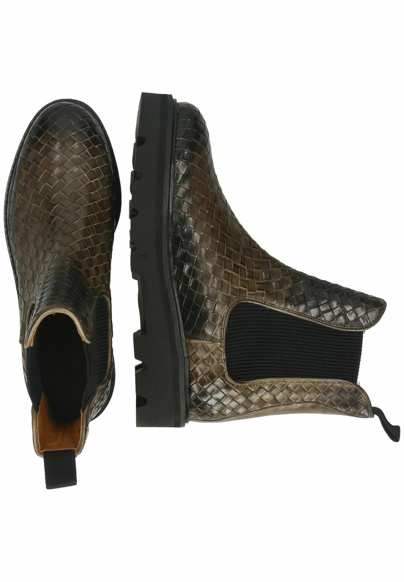 Gewebte Leder-Chelsea-Stiefel mit schwarzen elastischen Seitenpaneelen, dicken Gummisohlen und Zuglaschen, aus der oberen und seitlichen Perspektive gezeigt.