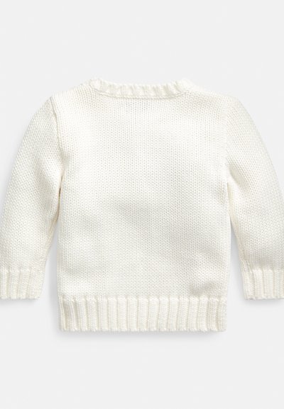 Krémově zbarvený pletený svetr s texturovaným vzorem, kulatým výstřihem a žebrovanými manžetami a lemem. Vyznačuje se jednoduchým, čistým designem.