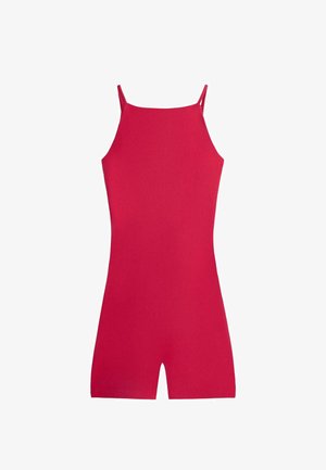 Combishort rouge sans manches avec fines bretelles et jambes courtes, en tissu lisse, présenté à plat sur fond blanc.