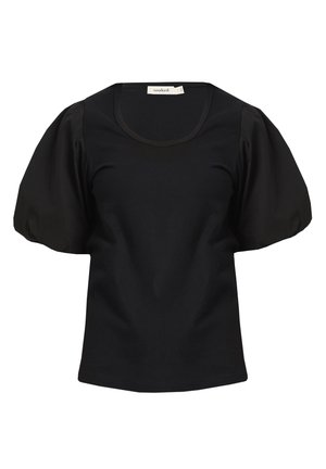 Schwarzes Kurzarmoberteil mit Rundhalsausschnitt und puffigen Ärmeln. Hergestellt aus einem glatten Stoff, mit taillierter Passform und abgesetztem Saum.