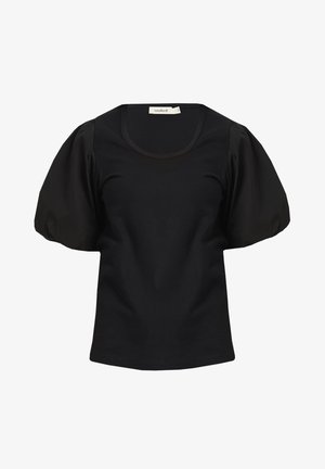 Schwarzes Kurzarmoberteil mit Rundhalsausschnitt und puffigen Ärmeln. Hergestellt aus einem glatten Stoff, mit taillierter Passform und abgesetztem Saum.