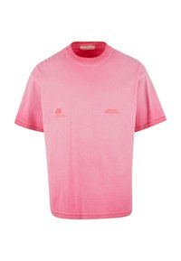 Tricou cu mânecă scurtă din bumbac roz în degradé, cu guler rotund și mici logo-uri imprimate de culoare roz închis pe față.