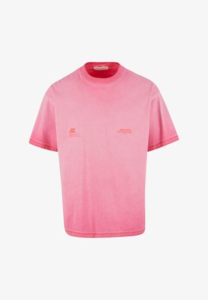 T-shirt a maniche corte in cotone rosa sfumato, con scollatura a girocollo e piccoli loghi stampati in rosa scuro sul davanti.