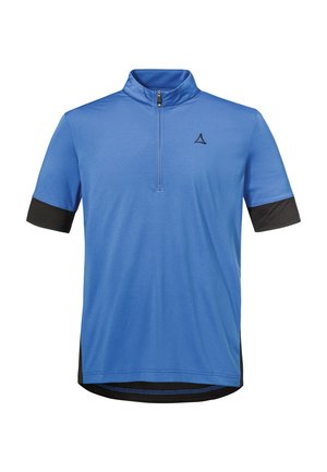 Blaues Sportshirt mit kurzen Ärmeln und Reißverschluss bis zur Brust, schwarzen Ärmelbündchen und Seitenteilen sowie kleinem schwarzem Logo auf der Brust.