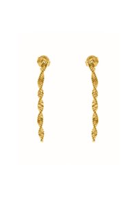 Goldene spiralförmige Ohrringe mit einem gedrehten Design, das eine strukturierte Oberfläche aufweist und einen Steckverschluss hat. Jeder Ohrring ist langgestreckt und schlank.