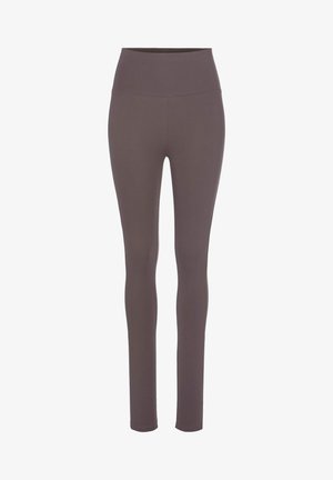 Leggings in a solid dark brown color, featuring a high waistband and smooth, stretchy fabric that fits closely to the body.