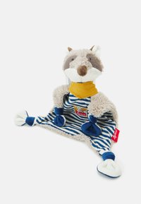 Soft plush raccoon toy with a striped blue and white blanket, yellow collar, and a textured body. Features stitched facial details and paws.